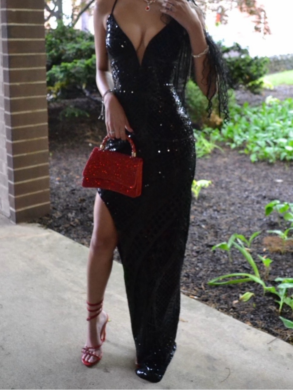 Windsor Black Sequin Plunging V-Neck Prom Gown